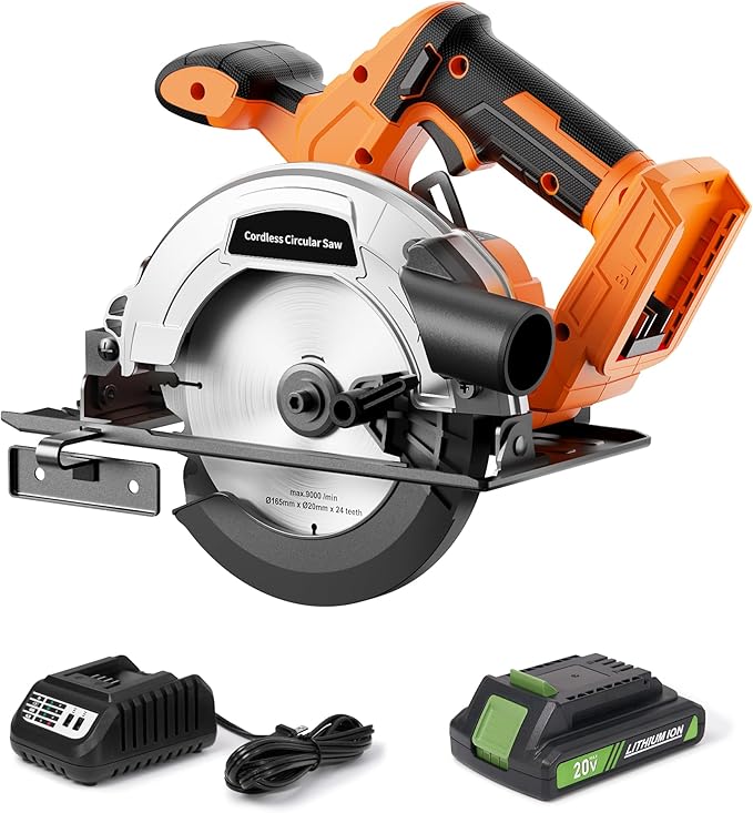 20V 6-1/2-inch Cordless Circular Saw, 2.0Ah Battery Powered: Brushless Motor, 45° Bevel Capacity, Max Cutting Depth 2-1/4-inch (90°), 1-1/2-inch (45°), Electric Circular Saw for Wood, Plastic Cutting