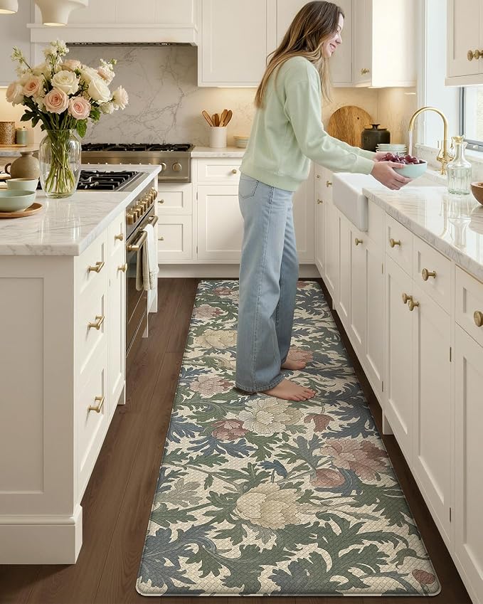 Color&Geometry Floral Kitchen Mat 24"x87", Anti Fatigue Kitchen Mats for Floor, Kitchen Rugs Non Slip, Waterproof & Oil Proof Padded Runner for Standing Desk Office, Sink -Beige