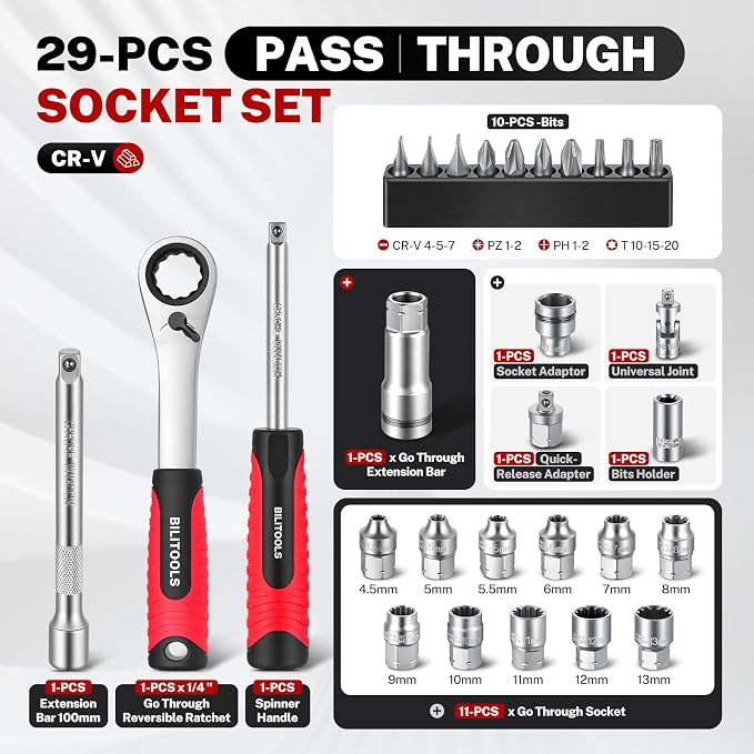 BILITOOLS 29PCS 1/4" Pass Through Socket Set with Spline Sockets & Bits | Small Pass Thru Go Through Ratchet Mechanics Tools Set for Tight Spaces, Low Profile 72-Tooth Wrench