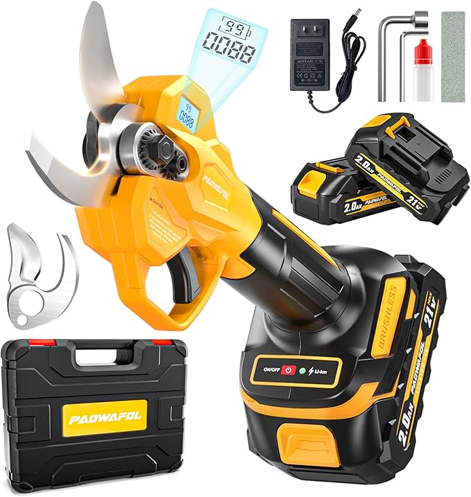 2.05"/ 53mm Electric Pruning Shears, Cordless Electric Scissors LCD Display＆SK7 Blades, 21V Brushless Motor Branch Cutter with 2 PCS Rechargeable 2000mAh Batteries & 2 Blades (Yellow)