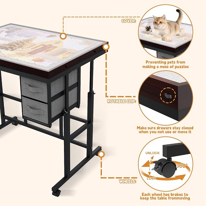 Doerpuz Jigsaw Puzzle Table with Drawers × 6,1500pcs Adjustable Height and Five up Angles Puzzle Tables for Adults with Drawers,Cover,Wheels for Indoor Game in Winter