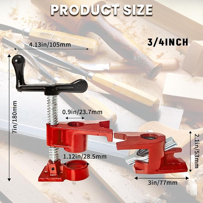 6 Pack 3/4'' Pipe Clamps for Woodworking with Foot Design Wood Gluing Pipe Clamp Fixture Set Heavy Duty Cast Iron For Woodworking, Carpentry, Home Improvement, and DIY Jobs