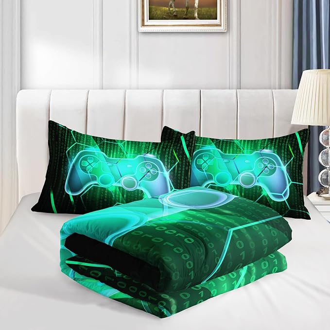 Axolotl Gaming Comforter Set Twin Size,Number Video Gaming Gamer Bedding Set,Boys Game Console Comforter Set,Geometry Hexagonal Bedding Set for Teens Men Adults,1 Quilt 2 Pillowcases,Green Black