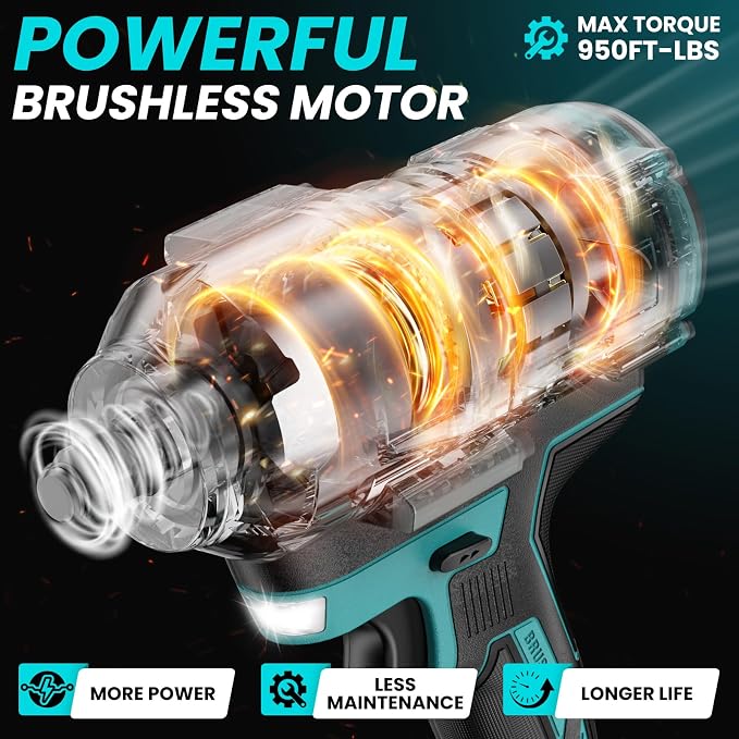 Cordless Impact Wrench 1/2 inch Compatible With Makita 18V Battery, Impact Wrench 1360N.m(950Ft-lbs) High Torque Brushless Electric Impact Gun, with 3-Mode Speed, LED Work Light(Tool Only)