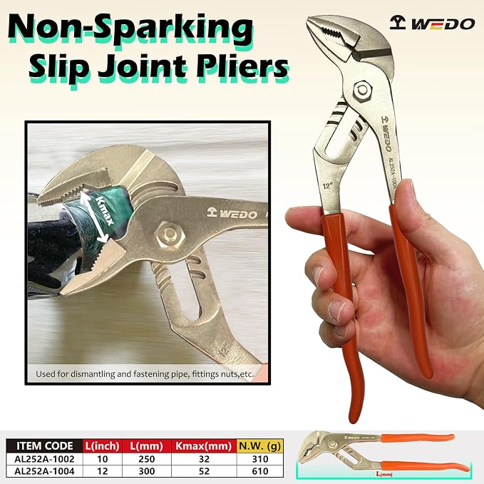 WEDO Water Pump Pliers, Slip Joint Pliers, Tongue and Groove Pliers, Length 10 inch, length 250mm, Max jaw opening 32mm, Aluminum Bronze, Non-Sparking, DIN Standard, BAM & FM Certificate