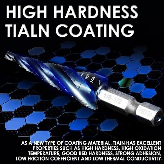 Matework M35 Cobalt Step Drill Bit, Four Spiral Flute Unibit Step Drill Bit (1/8"-1/2") Wear-Resistant TiAlN Coated, 1/4" Hex Shank for Metal, Carbon Steel, Stainless Steel, Wood, Plastic (13 Size)