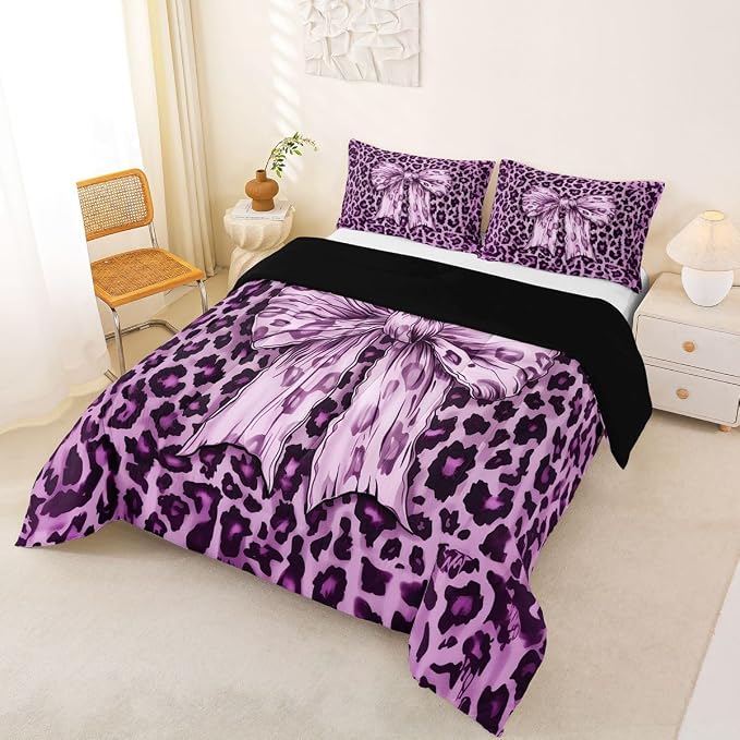 Feelyou Leopard Print Kids Comforter Set Full Size Purple Cheetah Print Bedding Set Bowknot Duvet Quilt for Kids Boys Girls Bedroom Decor Microfiber Ultra Soft Breathable