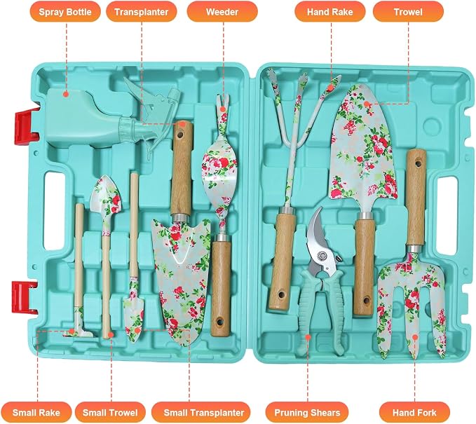 WANCHI Light Green Gardening Set, 10-Piece Garden Tool Kit with Trowel, Hoe, Shovel & Rake, Ideal Gardening Gift for Women, Mom, Grandma | Birthday Gifts for Her | Hand Tools for Small Gardens