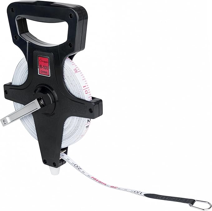 Champion Sports Open Reel Measuring Tapes – Durable Hand Crank with Metal Spike, Dual-Sided Feet & Meters, Perfect for Track & Field and Long Jump, 100 ft/30 meters