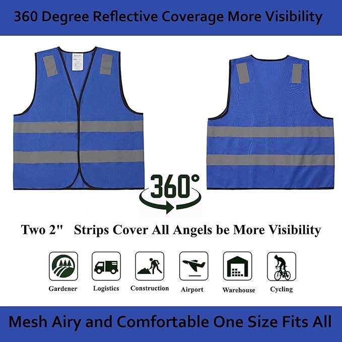 Blue Safety Vests 20 Pack - Reflective High Visibility Construction ANSI Class 2 Work Vests for Men,Woman,Hi Vis Mesh and Neon Silver Strip
