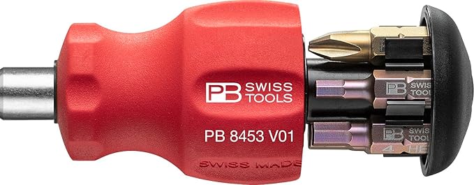 PB Swiss Tools Bit Holder Screwdriver PB 8453.V01 | 100% Swiss Made | Stubby Screwdriver with Sliding Magazine, 6 Bits C6 1/4" Slotted/Philipps/Hexagon and Magnetic Bit Holder