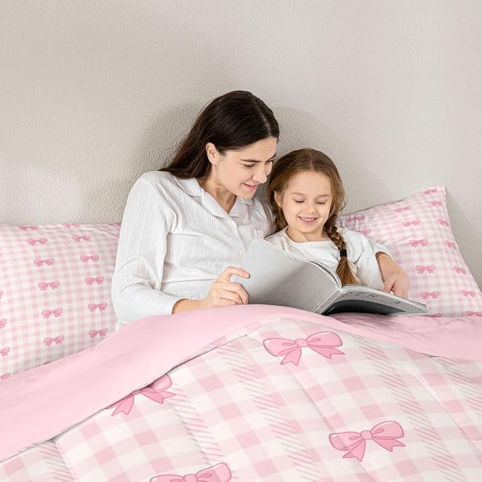 Feelyou Pink Bow Checkered Comforter Set King Size Chic Grid Bowknot Bedding Set for Kids Boys Girls Princess Duvet Quilt Bedroom Decor Microfiber 3 Pcs with 2 Pillow Cases