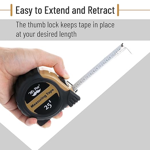 Mr. Pen- Retractable Tape Measure 25 ft, Light Brown, Easy Read, Steel Retractable Measuring Tape with Fractions, Ideal for Construction & DIY Projects