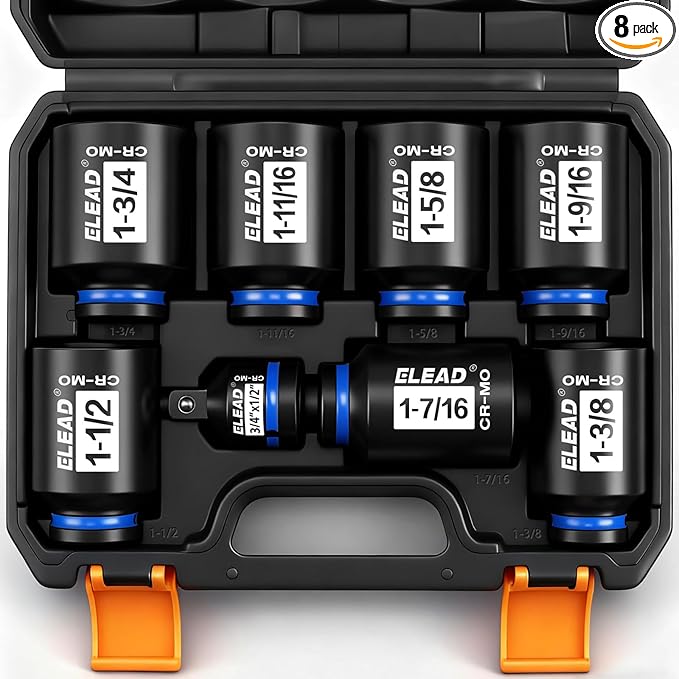 1/2'' Drive Deep Impact Socket Set, 8-Piece SAE Wheel Axle Nut Wrench Large Sockets Standard Adapter 1-11/16 1-9/16 1-3/8 1-7/16 1-1/2 1-5/8 1-3/4 Imperial Spindle Joint Torque Bearing Locknut Truck