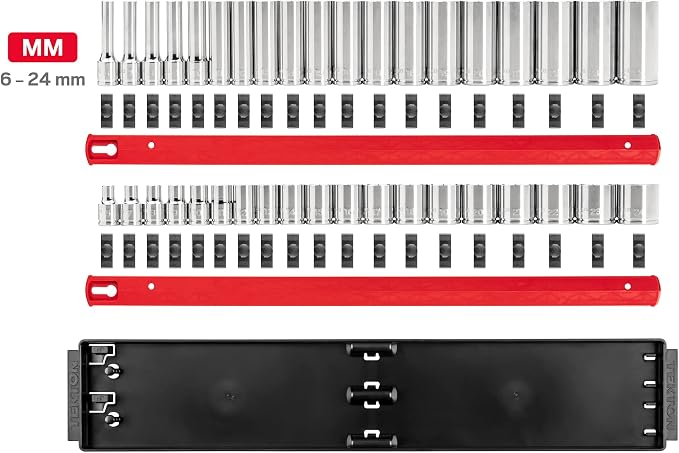 TEKTON 3/8 Inch Drive 12-Point Socket Set, 38-Piece | SHD91212 | (6 - 24 mm), Shallow and Deep, Socket Rail