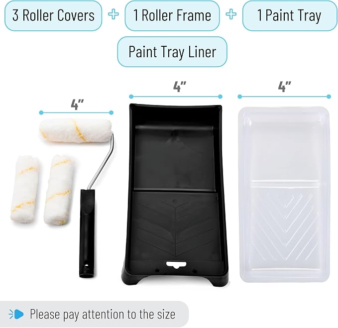 Bates- Paint Tray Set, 6 pcs, 4-Inch Paint Roller Kit, Small Paint Roller Paint Brush