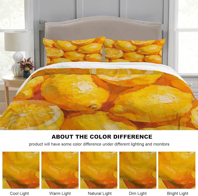 Batmerry Lemons Citrus Fruit Queen Size 100% Cotton Duvet Cover Sets, Vibrant Lemon Oil Painting Bedding Set with Zipper Closure Corner Ties, 3 Pieces (1 Cover + 2 Pillowcases No Comforter)