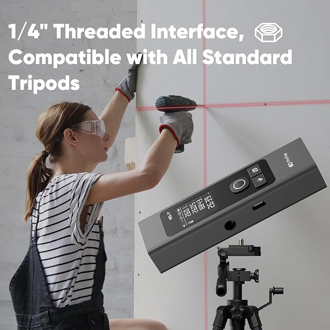 2-in-1 Laser Measure & Line Laser 196 FT - Distance Meter with Cross-Line, Laser Level with 3 Lasers Heads, Type-C Rechargeable- Area/Volume/Pythagorean for Construction, Tiling, 1.4" Black LCD