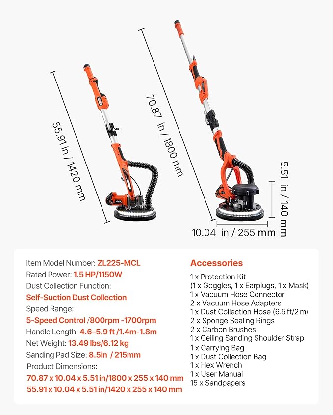 VEVOR Drywall Sander, 1150W Electric Drywall Sander, Popcorn Ceiling Removal Tool with Vacuum Dust Collection, 5 Variable Speed 800-1700 RPM, LED Light, Foldable & Extendable Handle, 15 Sanding Discs