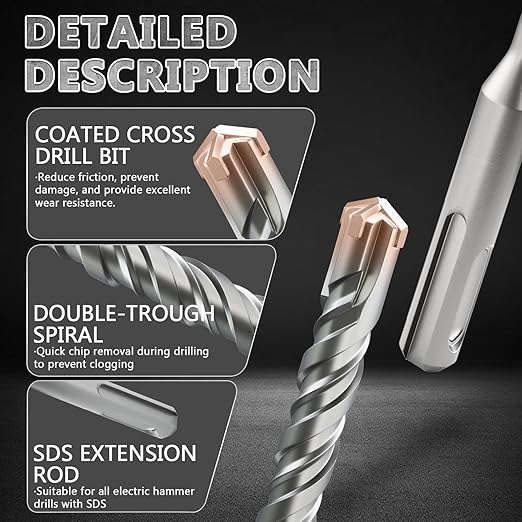2PCS SDS Plus Rotary Hammer Drill Bits,1"×12"（25mm×310mm）-4 Carbide Cutting Edges & Coated Head, Ideal for Masonry| Heavy-Duty Masonry |Hammer Drill Bits for Precision Drilling