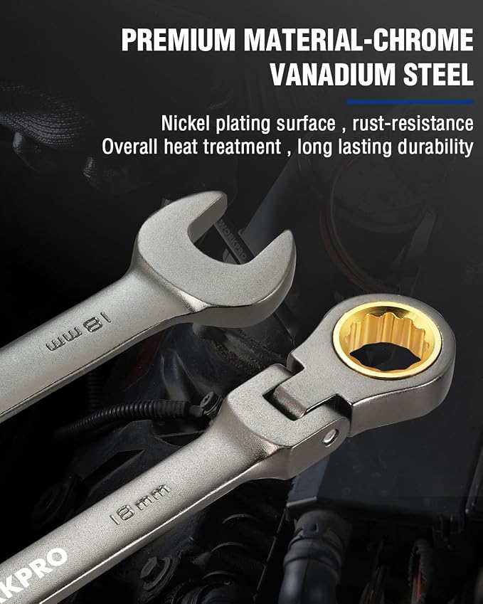 WORKPRO 18 mm Flex-Head Ratcheting Combination Wrench, Nickel Plating | Cr-V Constructed, 72-Teeth, 12 Point Design, Metric, For Home Improvement, Auto Repairs, Plumbing, Constructions, Machinery