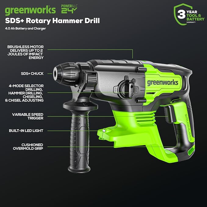 Greenworks 24V Cordless Rotary Hammer, 2.1 Joules, Brushless Motor, 1" SDS Plus Rotary Hammer Drill, 4 Modes, LED Light, 4Ah Battery & Charger Included, Ideal for Concrete, Masonry & Demolition