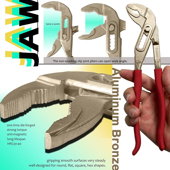WEDO Non-Sparking Slip Joint Pliers with Rubber Grip Handle 10", Spark-free Safety Slip Joint Pliers, Aluminum Bronze, DIN Standard, BAM & FM Certificate, Size 10 * 32 * 250mm