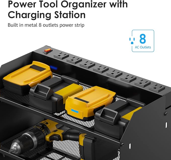 CCCEI Modular Power Tool Organizer Wall Mount with Charging Station. Garage Drill Storage Shelf with Hooks, Heavy Duty Rack, Tool Battery Holder Built in 8 Outlet. Gift for Men. Black, 2 Pack.