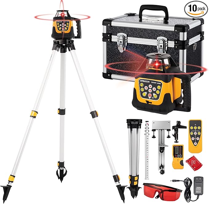 Self-Leveling Rotary Laser Level Kit, Class II ≤ 5 mW Red Laser, 2000 ft Range with Receiver, ±1/8" Accuracy at 100 ft, IP66 Waterproof, Includes Tripod & Grade Rod