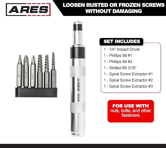 ARES 18026-1/4-Inch Drive Manual Reversible Impact Driver - Includes 6-Piece Flathead, Phillips, and Spiral Screw Extractor Bit Set - Disengage Rusted Fasteners or Frozen Bolts - Compact Design