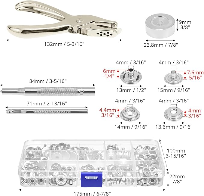 QWORK 200 Pieces Stainless Steel Snap Fastener Kit with 15mm Snap Cap Diameter, Including Hole Punch Pliers and Setting Tools, for Canvas, Tarpaulins, Garments