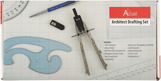 Acurit Drafting Tools Architect Set, 10 Piece Drafting Kit for Architects & Artists: Protractor, Compass, Architect's Scale, 2mm Pencil, Eraser Shield, Triangles, French Curve, Brush