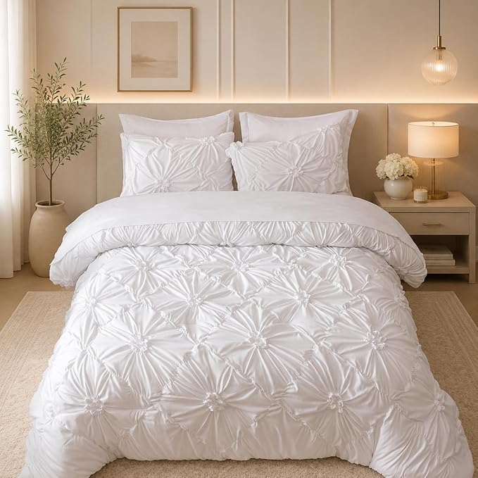Nttopship White King Comforter Set - 7 Pieces Bed in a Bag, Premium Comforters King Size Bed Set Pintuck Pinch Pleat Complete Comforter Set with Flat Sheet, Fitted Sheet and Pillowcases,White