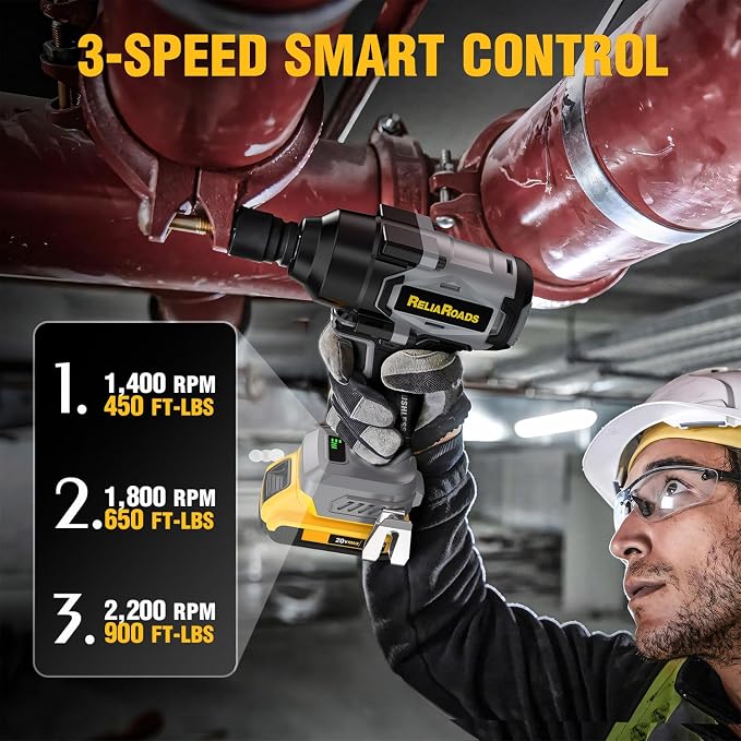 ReliaRoads 900 Ft-lbs Cordless Impact Wrench, 1/2 Inch Impact Gun Compatible DeWALT 20V MAX Battery, Brushless Constant High Torque Impact Driver with 3 Speed, Tool Only (No Battery Included)