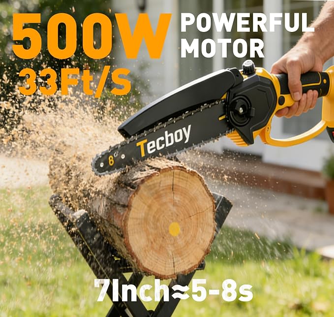 8+6 Inch Mini Chainsaw Cordless Electric Chainsaws Handheld with 2X 2.0Ah Batteries, Battery Powered Chain Saw Small Chain Saws for Tree Trimming, Yard Gardening Tools, Birthday Gifts for Men(YellowA)