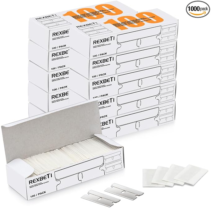 REXBETI 1000PCS Single Edge Razor Blades, Industrial Razor Blades, Box Cutter Replacement Blades, Glass Scraper Razor Blades