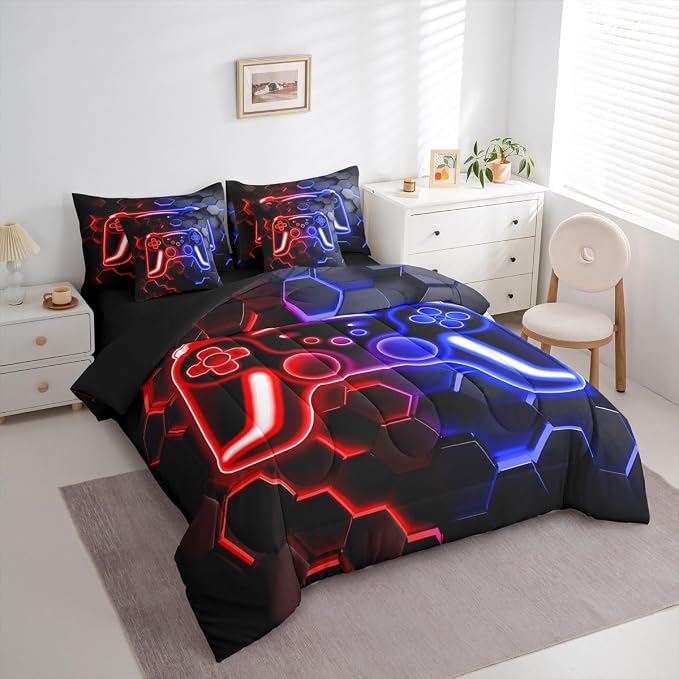 Erosebridal Gaming Full Size Bed Sheets and Comforter Set, Neon Honeycomb Gamer 7 Piece Bedding Set Retro Game Console Bed in a Bag, Red Blue Hexagon Lights Room Decor,Gaming Decor for Boys Bedroom