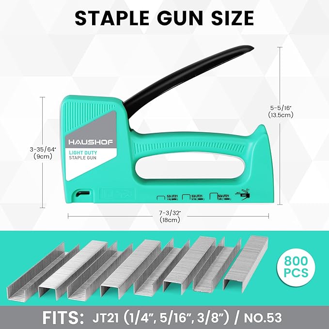 HAUSHOF Light Duty Staple Gun, Upholstery Staple Gun with 800PCS JT21 Staples and Stapler Remover, Fits JT21 Staple of 1/4'', 5/16'' & 3/8'', Used for Wood, Classroom, Crafts, DIY, Decoration (Green)
