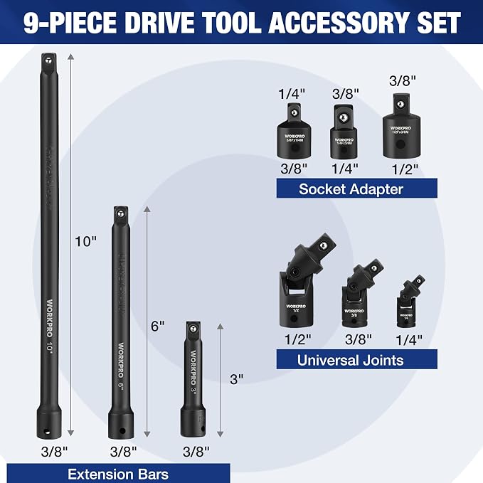 WORKPRO 9-Piece Impact Socket Extension Set, 1/4", 3/8" & 1/2" Drive, CR-V | 3/8" Drive Extension Bar Set, Universal Joints and Adapters, Black Phosphate Finish