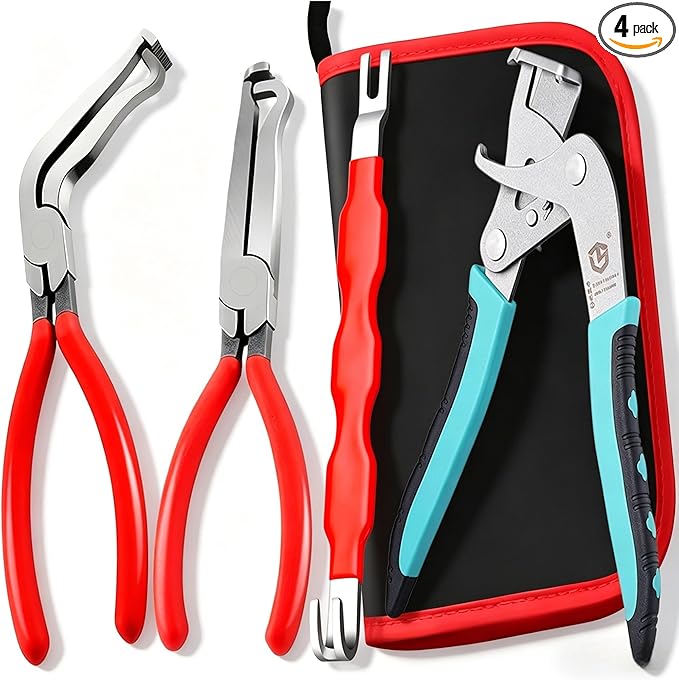 4Pcs Car Clip Pliers and Disassembly Tools, Efficient Multi-Functional Automotive Snap Pliers, Electrical Disconnect Plier for Cars, with Straight & 60° Plier, in Storage Box