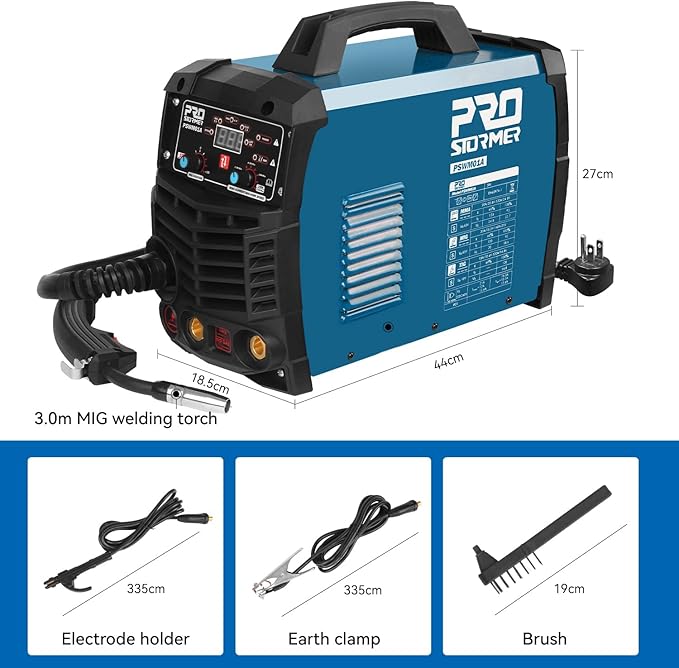 Prostormer Welding Machine, MIG/TIG/MMA 3 in 1 Multifunctional Welder with Digital Display, Electrode Holder, Earth Clamp, Input Power Adapter Cable and Brush