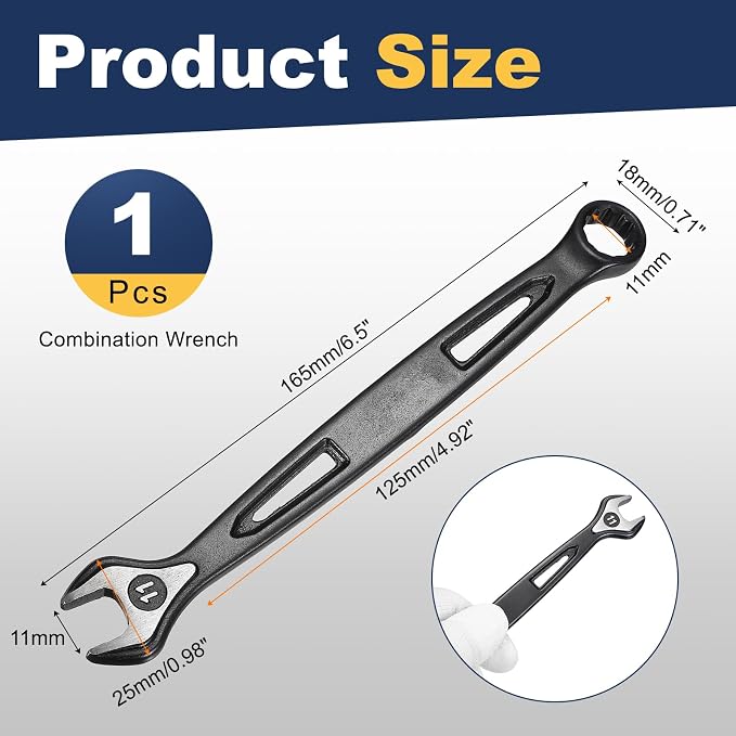 HARFINGTON Combination Wrench 11mm Metric Extra Long 12-Point Box and Open End Carbon Steel Double Ended Industrial Grade Spanner for Automotive Furniture Machinery DIY Repair, Black