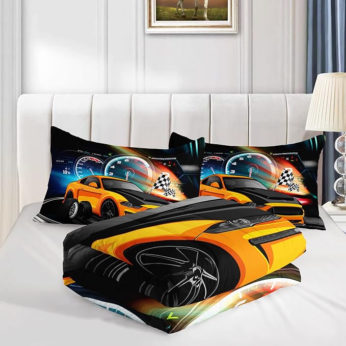 Axolotl Race Car Bedding Set Twin Size, Boys Extreme Sports Comforter Set for Kids Boys Car Racing Gifts, Yellow Cool Comforter Sports Quilt Set 1 Quilt with 2 Pillowcase