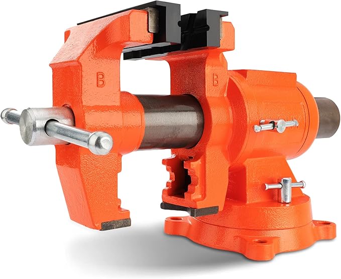 PONY Heavy Duty Bench Vise, 5-inch Jaw Width and Opening, 360-Degree Swivel Base With Anvil, Utility Combination Pipe Home Vise for Woodworking, One-Pair Vise Jaw Pad Included