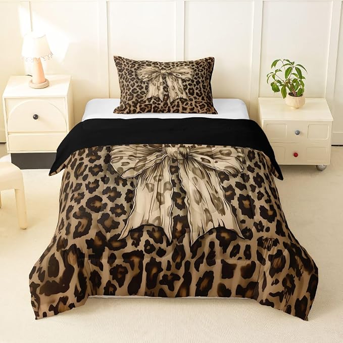 Feelyou Leopard Print Comforter Set Toddler Size Cute Bow Bedding Set for Kids Boys Girls Cheetah Animal Fur Duvet Quilt Bedroom Decor Microfiber 2 Pcs with 1 Pillow Cases