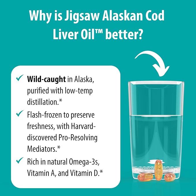 Jigsaw Health Alaskan Cod Liver Oil | 900 mg Omega-3s with EPA, DHA, and DPA | Includes Naturally Occuring Vitamins A & D | 180 Softgels | 60 Servings