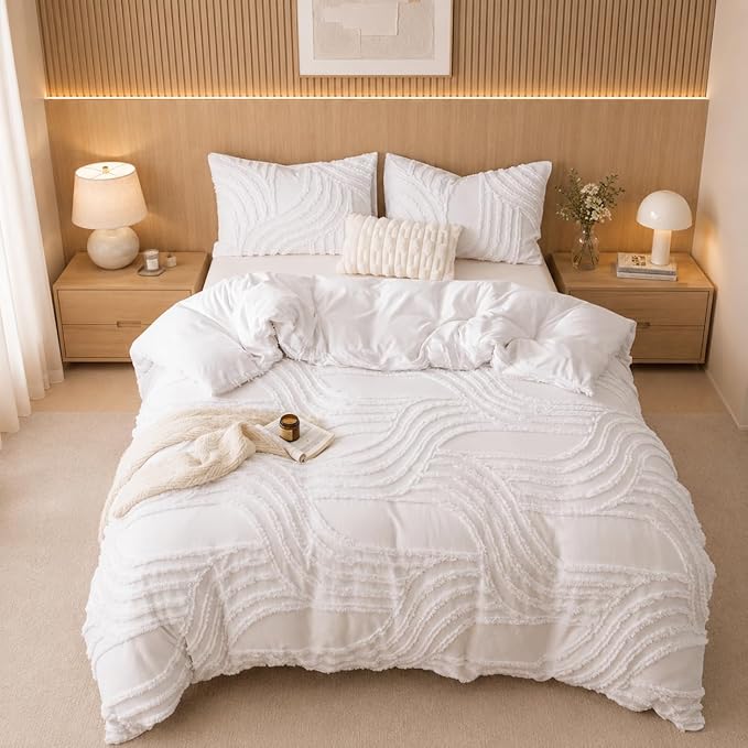 Nttopship Ivory Full Comforter Set - 7 Pieces Bed in a Bag, Premium Comforters Full Size Bed Set Tufted Shabby Chic Bedding Comforter Set with Flat Sheet, Fitted Sheet and Pillowcases,White
