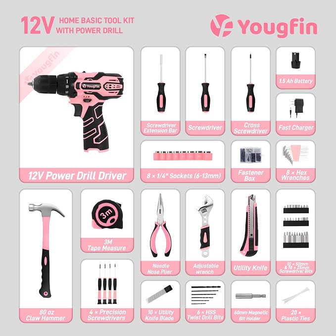 12V Pink Cordless Drill Set 195PCS Hand Tool Combo Kit Small Compact Electric Screwdriver Set Portable Power for Home DIY&Repair Driver Machine with Battery & Charger Gift Box for Women