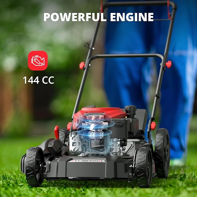 AMERISUN 21" Gas Lawn Mower with 144cc Engine, 2-in-1 Mulching & Side Discharge, 6-Position Height Adjustment, Foldable Handles for Lawn, Yard and Garden