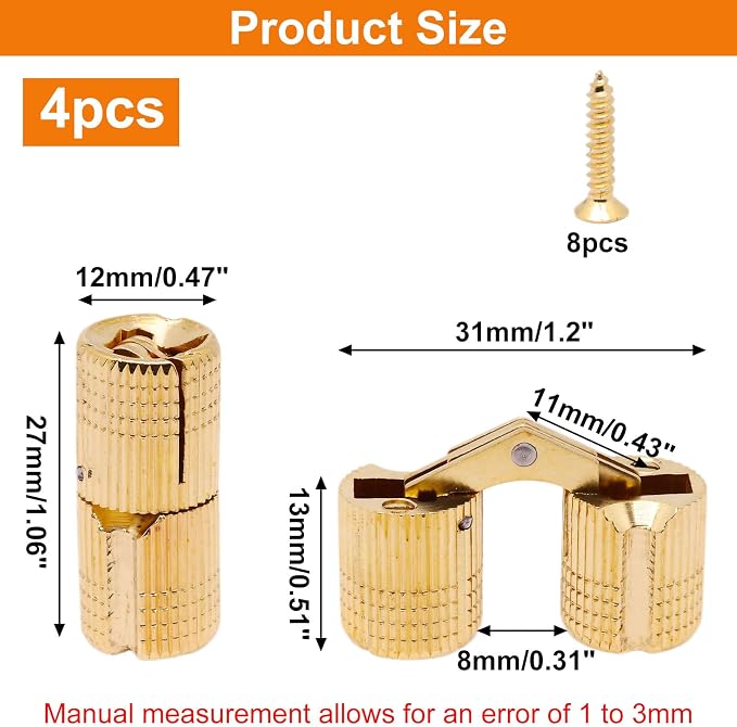 12mm Brass Barrel Hinges Cylindrical Hidden Cabinet Concealed Invisible Furniture Hinges Mount 180 Degree Opening Angle 4 Pcs